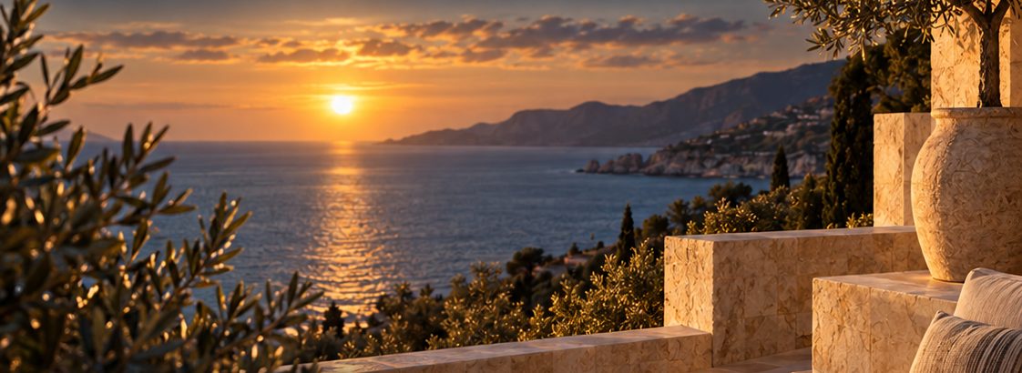 Sunset over the sea from a stone terrace with an olive tree