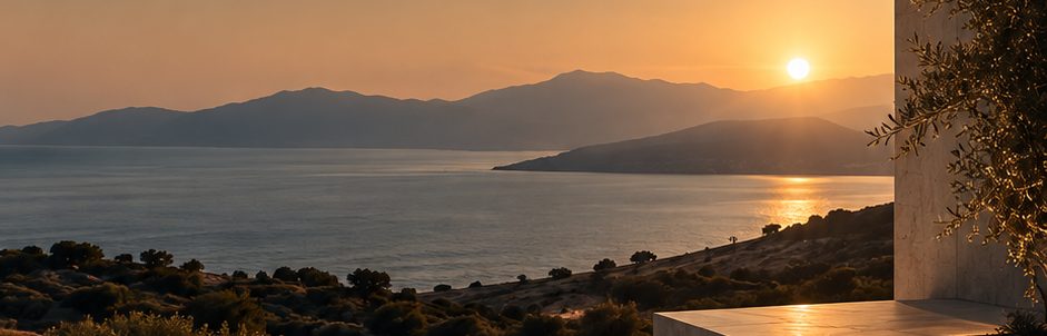 Sunset over the sea from a stone terrace